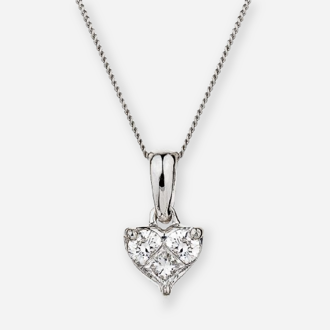 Platinum Plated Sterling Silver Heart Pendant - Three Round Diamonds (0.015 Cttw), Necklace - View #7