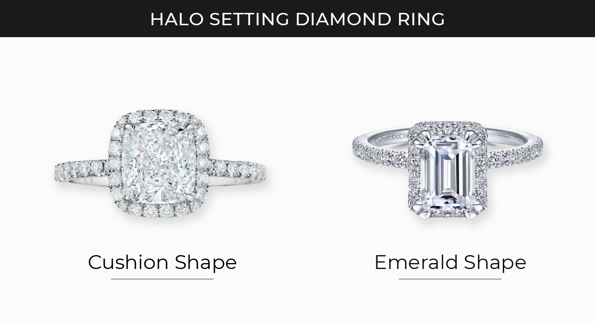Halo setting for cushion cut diamond vs emerald cut diamond