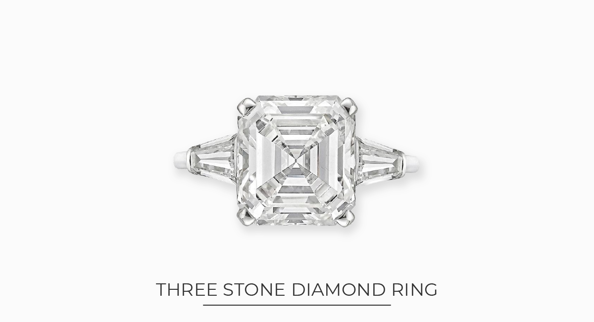Square Emerald Diamond Three Stone Diamond Ring