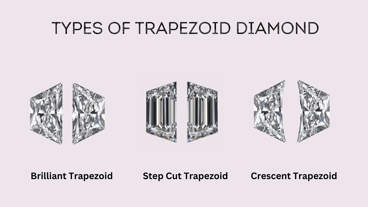Types of Trapezoid Diamond- Brilliant Trapezoid, Step cut trapezoid, Crescent Trapezoid
